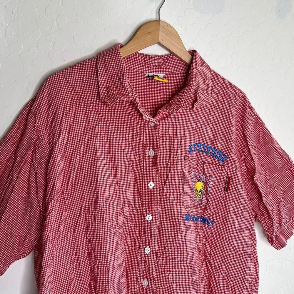 Looney Tunes Red & White Check Short Sleeve Button Up Shirt - Picture 4 of 9